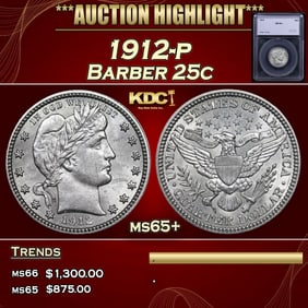 1912-p Barber Quarter 25c ms65+ SEGS