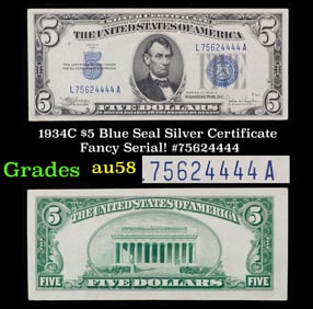 1934C $5 Blue Seal Silver Certificate Fancy Serial! #75624444 Grades Choice AU/BU Slider