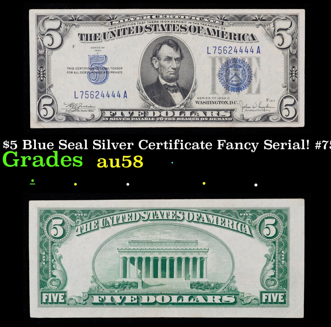 1934C $5 Blue Seal Silver Certificate Fancy Serial! #75624444 Grades Choice AU/BU Slider (1 of 4)