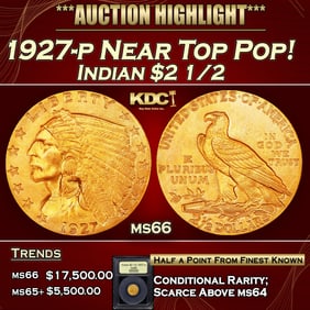 1927-p Gold Indian Quarter Eagle Near Top Pop! $2 1/2 ms66 USCG
