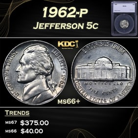 1962-p Jefferson Nickel 5c ms66+ SEGS