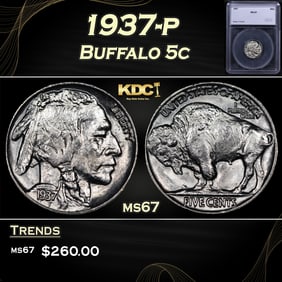1937-p Buffalo Nickel 5c ms67 SEGS