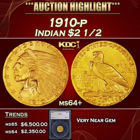 1910-p Gold Indian Quarter Eagle $2 1/2 ms64+ SEGS