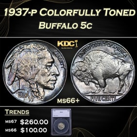 1937-p Buffalo Nickel Colorfully Toned 5c ms66+ SEGS