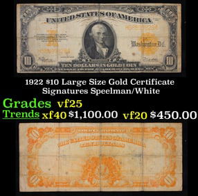 1922 $10 Large Size Gold Certificate Grades vf+ Signatures Speelman/White