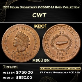 1863 Indian Undertaker Civil War Token F-6300Z-1A Roth Collection 1c Grades ms63 bn
