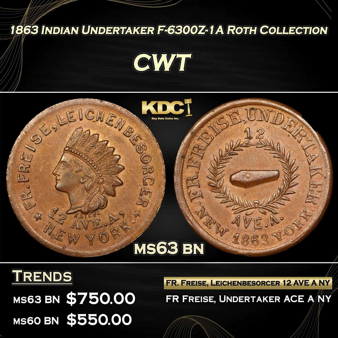 1863 Indian Undertaker Civil War Token F-6300Z-1A Roth Collection 1c Grades ms63 bn (1 of 3)