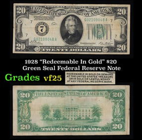 1928 $20 Green Seal Federal Reserve Note "Redeemable In Gold" Grades vf+