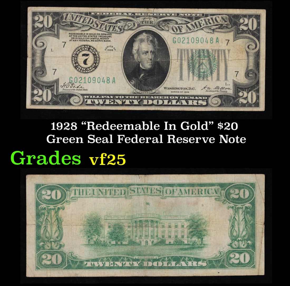 1928 $20 Green Seal Federal Reserve Note "Redeemable In Gold" Grades vf+ (1 of 3)