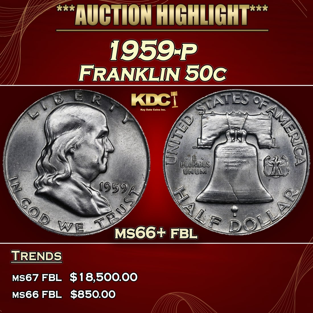 1959-p Franklin Half Dollar 50c ms66+ fbl SEGS (1 of 5)