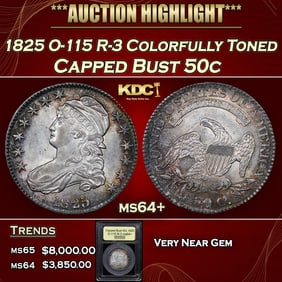 1825 Capped Bust Half Dollar O-115 R-3 Colorfully Toned 50c ms64+ USCG