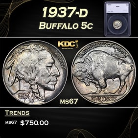 1937-d Buffalo Nickel 5c ms67 SEGS