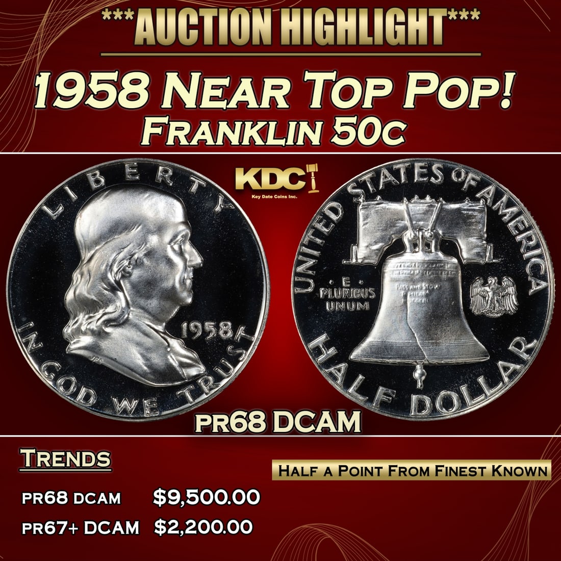 1958 Proof Franklin Half Dollar Near Top Pop! 50c pr68 DCAM SEGS (1 of 5)