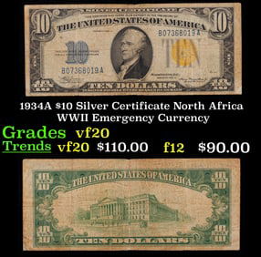 1934A $10 Silver Certificate North Africa WWII Emergency Currency Grades vf, very fine