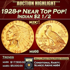 1928-p Gold Indian Quarter Eagle Near Top Pop! $2 1/2 ms66 USCG