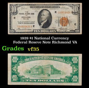 1929 $10 Green Seal Federal Reseve Note Grades vf++ Richmond
