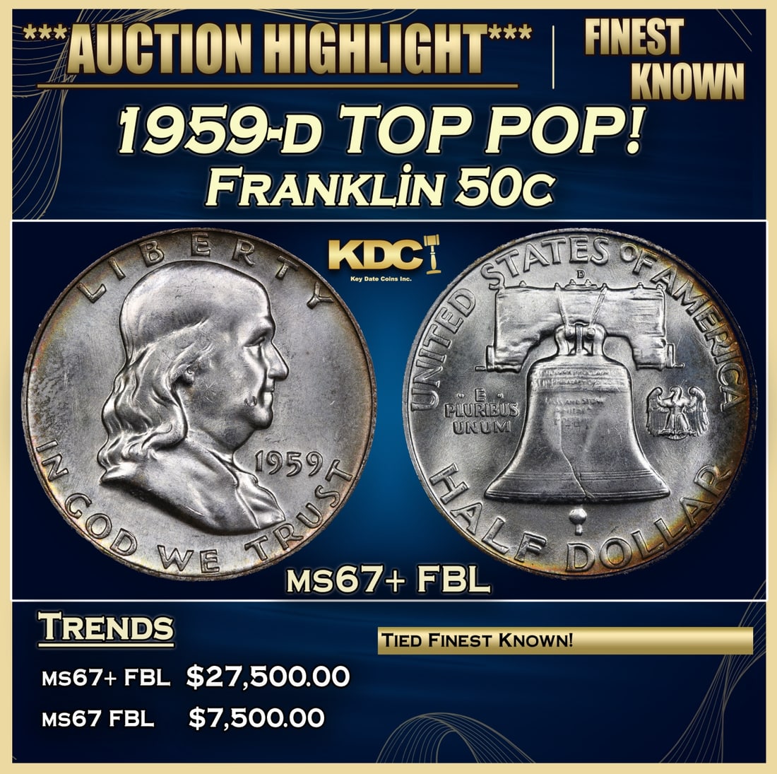 1959-d Franklin Half Dollar TOP POP! 50c ms67+ FBL USCG (1 of 5)