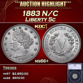 1883 N/C Liberty Nickel 5c ms66+ SEGS