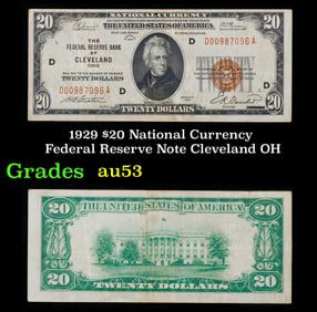 1929 $20 Green Seal Federal Reserve Note Grades Select AU Cleveland