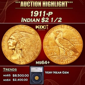 1911-p Gold Indian Quarter Eagle $2 1/2 ms64+ SEGS