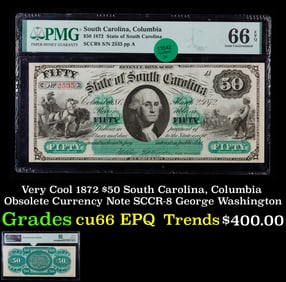 Very Cool 1872 $50 South Carolina, Columbia Obsolete Currency Note SCCR-8 George Washington cu66 EPQ