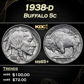 1938-d Buffalo Nickel 5c Grades ms65+