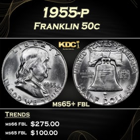 1955-p Franklin Half Dollar 50c Grades ms65+ fbl