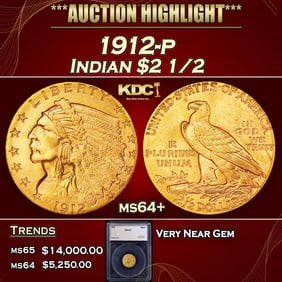 1912-p Gold Indian Quarter Eagle $2 1/2 ms64+ SEGS