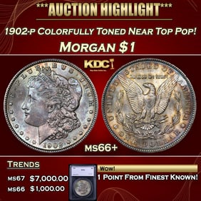 1902-p Morgan Dollar Colorfully Toned Near Top Pop! 1 ms66+ SEGS