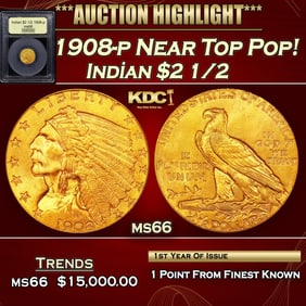 1908-p Gold Indian Quarter Eagle Near Top Pop! $2 1/2 ms66 USCG