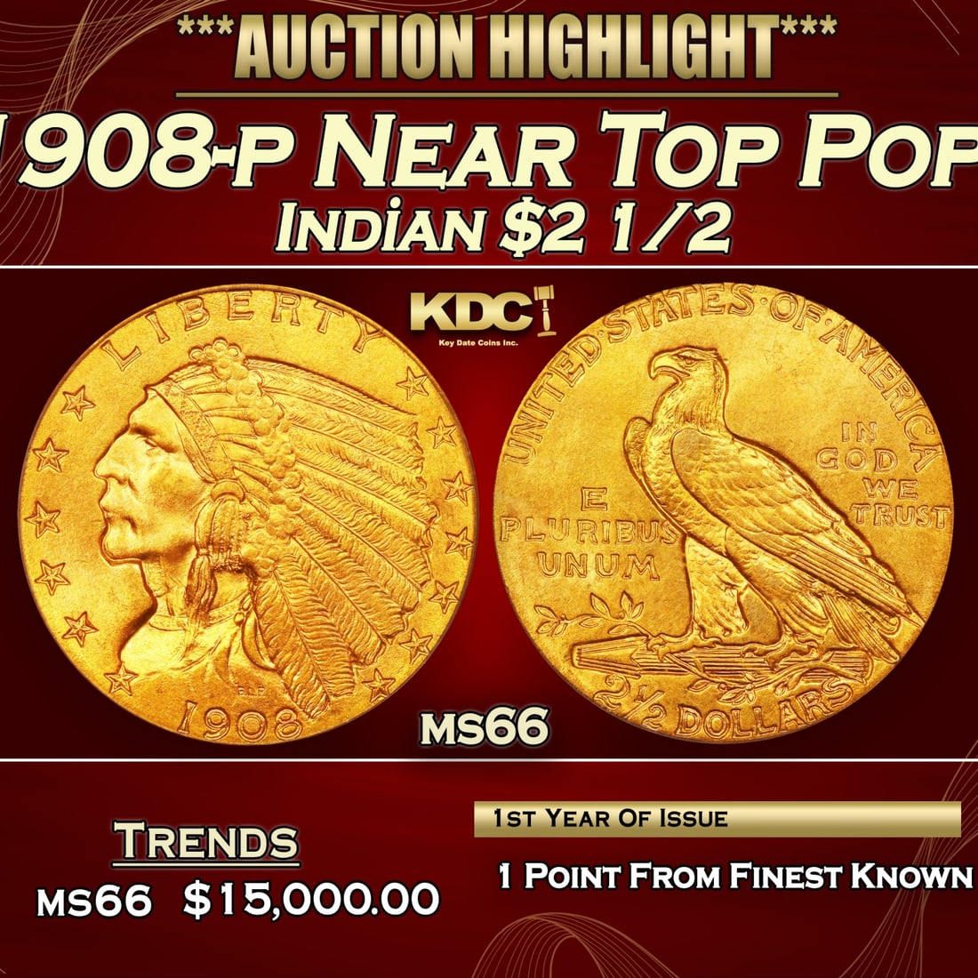 1908-p Gold Indian Quarter Eagle Near Top Pop! $2 1/2 ms66 USCG (1 of 5)