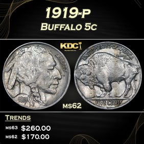 1919-p Buffalo Nickel 5c Grades ms62