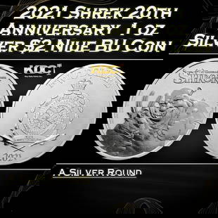 2021 Shrek 20th Anniversary  1 oz Silver $2 Niue BU Coin Round: 2021 Shrek 20th Anniversary 1 oz Silver $2 Niue BU Coin. This coin marks 20 years of everyone's favorite big green grumpy underdog. Shrek subverted standard fairytale hero tropes and had audiences rol