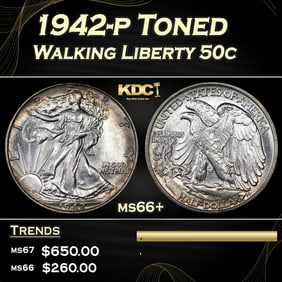 1942-p Walking Liberty Half Dollar Toned 50c Grades ms66+