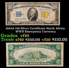 1934A $10 Silver Certificate North Africa WWII Emergency Currency Grades vf+