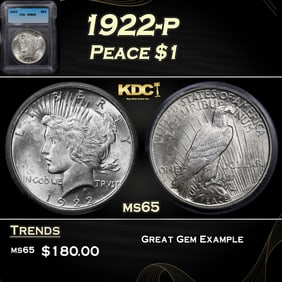 1922-p Peace Dollar $1 ms65 ICG