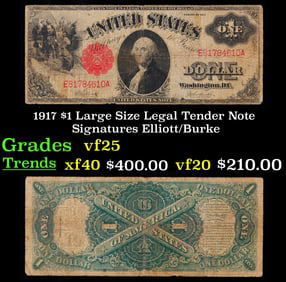 1917 $1 Large Size Legal Tender Note Grades vf+ Signatures Elliott/Burke