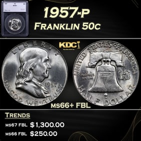 1957-p Franklin Half Dollar 50c ms66+ FBL SEGS