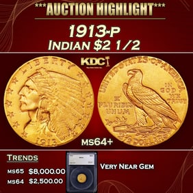 1913-p Gold Indian Quarter Eagle $2 1/2 ms64+ SEGS