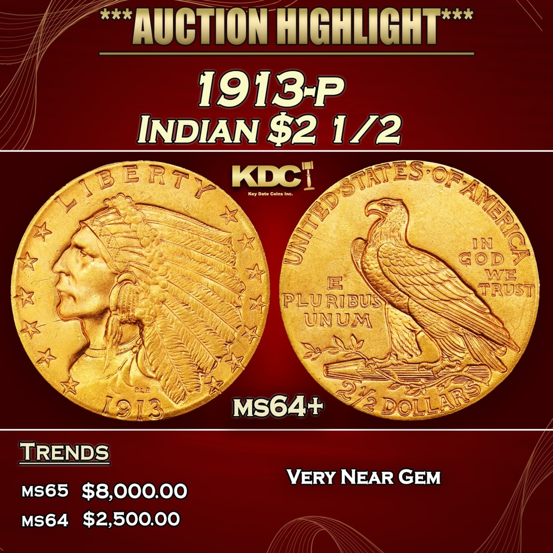 1913-p Gold Indian Quarter Eagle $2 1/2 ms64+ SEGS (1 of 5)