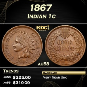 1867 Indian Cent 1c Grades au58