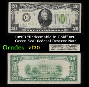 1928B $20 Green Seal Federal Reserve Note "Redeemable In Gold" Grades vf++