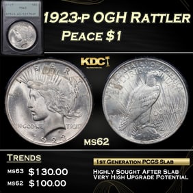 PCGS 1923-p Peace Dollar OGH Rattler $1 ms62 PCGS