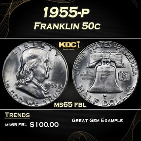 1955-p Franklin Half Dollar 50c Grades ms65 fbl