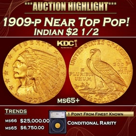1909-p Gold Indian Quarter Eagle Near Top Pop! $2 1/2 ms65+ SEGS