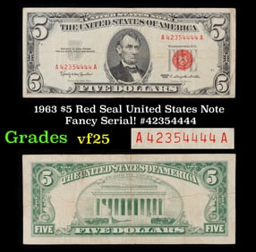1963 $5 Red Seal United States Note Fancy Serial! #42354444 Grades vf+