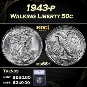 1943-p Walking Liberty Half Dollar 50c ms66+ SEGS