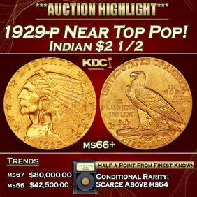 1929-p Gold Indian Quarter Eagle Near Top Pop! $2 1/2 ms66+ USCG