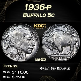 1936-p Buffalo Nickel 5c Grades ms65
