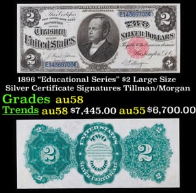 1896 $2 Large Size Silver Certificate "Educational Series" Grades Choice AU/BU Slider Signatures
